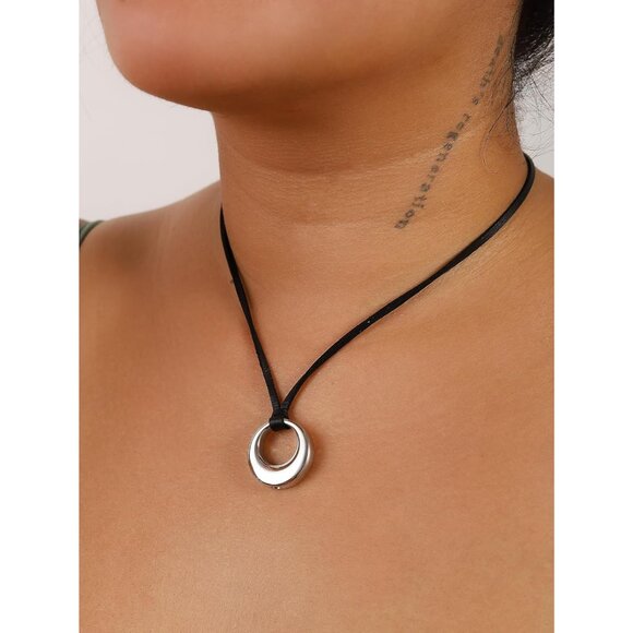 Black O Ring Choker Necklace Faux Leather Stainless Steel Punk Goth Jewelry - Picture 2 of 6